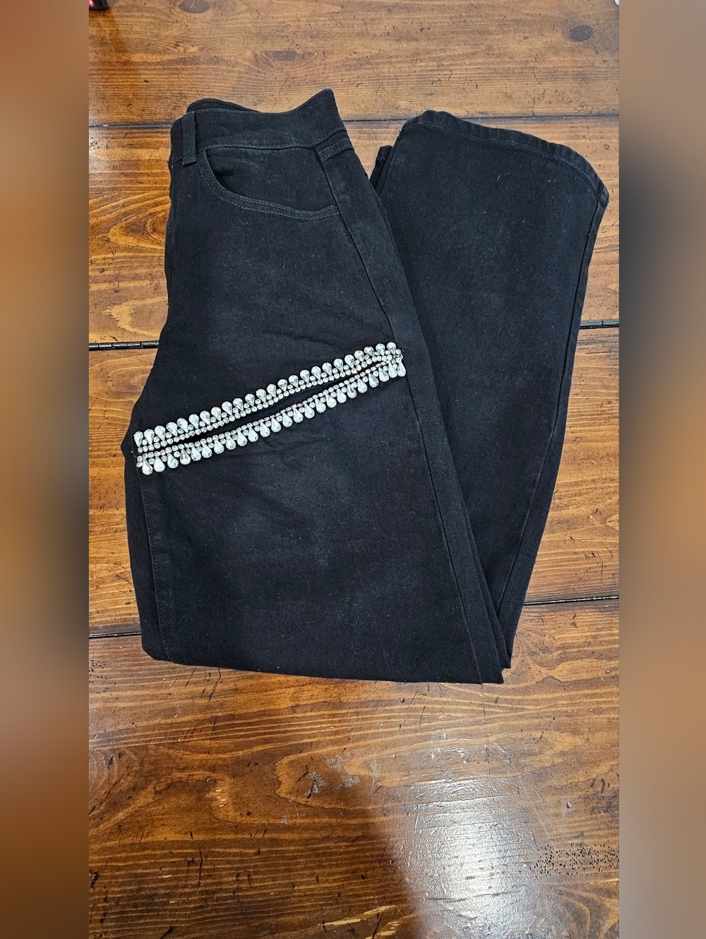Gianni Bini Black Straight Leg Jeans w/Cut Out Rhinestone Bands Women's SZ 5 & 7 - Picture 2 of 12